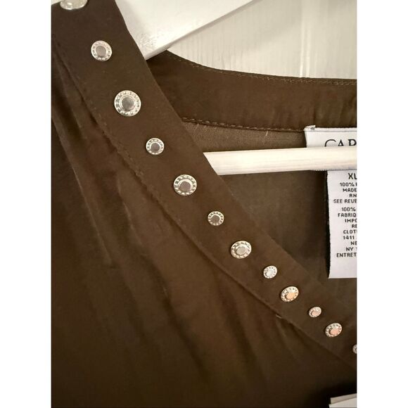 Carmen Marc Valvo Olive Brown Studded V-Neck Blouse sz XL NWT - Picture 3 of 6